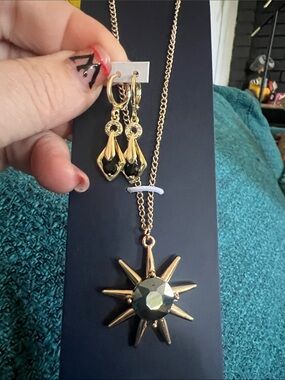 Gold-Tone Sunburst Necklace & Earring Set - Black Accent